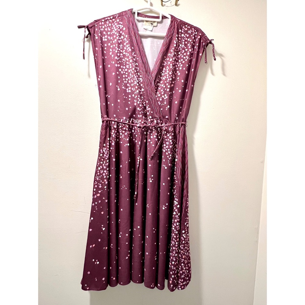 Vintage Sears Fashion Place Dress Plum Floral Wrap V-Neck Midi Tie Waist Burgund